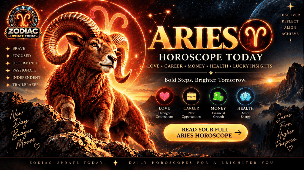 Aries horoscope today featuring a powerful ram, zodiac symbols, and insights for love, career, money, health, and lucky energy.